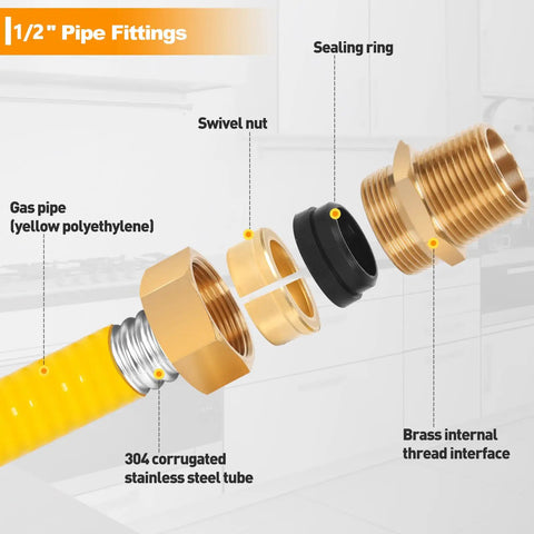Exploded view of 35 Ft 1/2 Inch CSST Gas Line with Corrugated Stainless Steel Tubing and Rubber Jacket, showing brass fittings.
