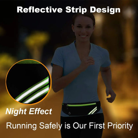 Reflective No Bounce Slim Running Belt Fanny Pack for Hiking and Cycling worn by woman jogging at night with emphasis on safety