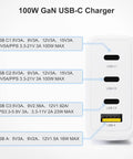 GaN 100W USB C Fast Charger For DJI Drones, 4 Port PD Power Hub with USB-C and USB-A ports specifications shown.