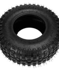 Close-up of one tire from the set of 2 145/70-6 tubed knobby tires with inner tubes for mini bikes, quad go karts, ATVs, UTVs, 6 inch rims.
