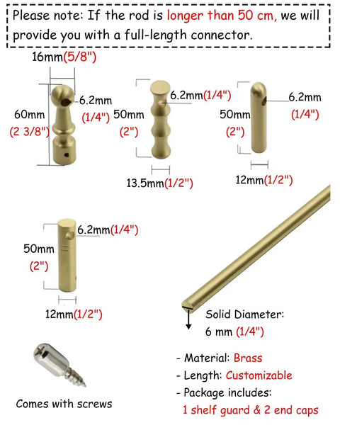 Image of Built Tough Adjustable Guard Rail Bracket, 6mm solid brass, customizable length, with shelf guard and end caps.