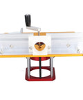 Rock Solid Router Lift System With Smooth Crank Dial displaying precision insert plate and sturdy aluminum base for woodworking.