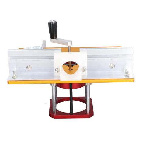 Rock Solid Router Lift System With Smooth Crank Dial displaying precision insert plate and sturdy aluminum base for woodworking.