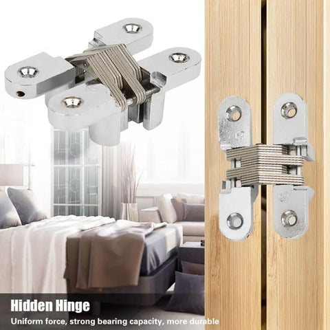 Hidden Door Hinges For Cabinets And Furniture, zinc alloy, silver, installed on a wooden door, close-up view