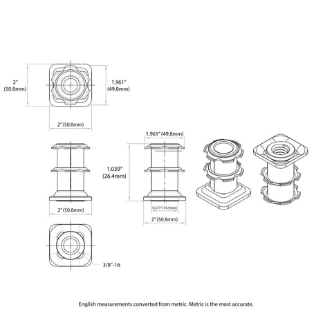 Technical diagram of Double Star Threaded Caster Insert In Heat Treated Steel Fits 2 Inch Square Tube 16-18 Gauge With 3/8-16 Thread Pack Of 4.