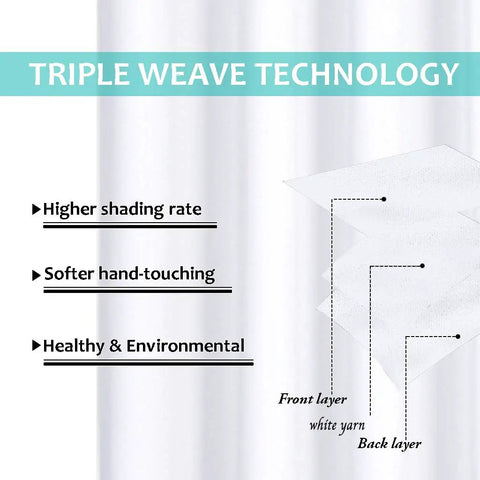 Triple weave technology detail of white blackout curtains 90 inches long two panels 46 inches wide each full light blocking thermal drapes