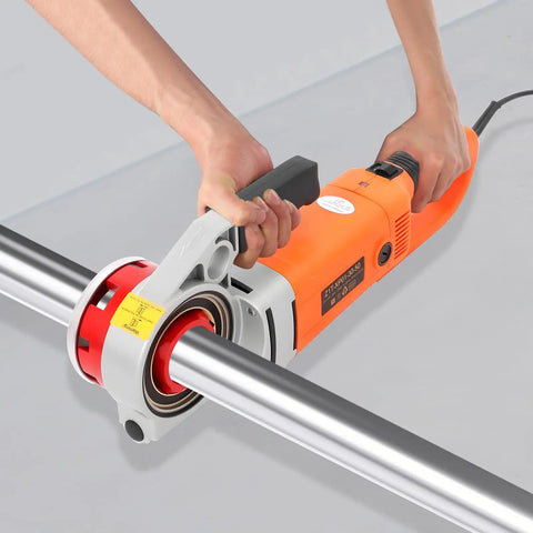 Heavy Duty 2300W Electric Pipe Threader With Six Dies And Carrying Case in use on a steel pipe with precision grip.