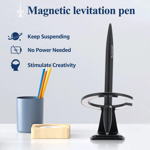 Magnetic Levitation Gel Ink Pen Floating Anti Gravity Desk Gadget For Men And Women beside stationery holder.