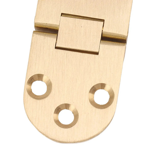 Close-up of 180 Degree Brass Folding Table Hinge CNC Machined Solid Brass Construction With Gold Finish showing screw holes.
