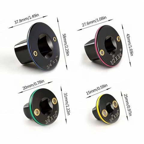 Kick Some Heavy Dust With This Low Profile Impact Socket Adapter Set Made From Durable CrMo Steel Perfect For Tight Spaces And Bold Jobs Involving 1/4 to 3/8 and 3/8 to 1/2 Inch Drives Your Next Project Needs These Pro Ready Converters Like Nobody. four impact socket adapters with size labels and color rings