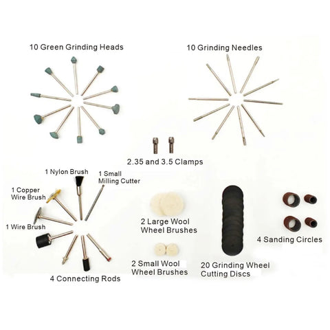 Components of Handheld Electric Grinding And Engraving Pen Kit With 58 Bits for various engraving and polishing tasks.