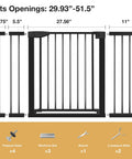 Diagram of Extra Wide Baby Gate For Doorways 29.93 To 51.5 Inches, 30-Inch High With Auto-Close Walk-Thru Door, black, with accessories