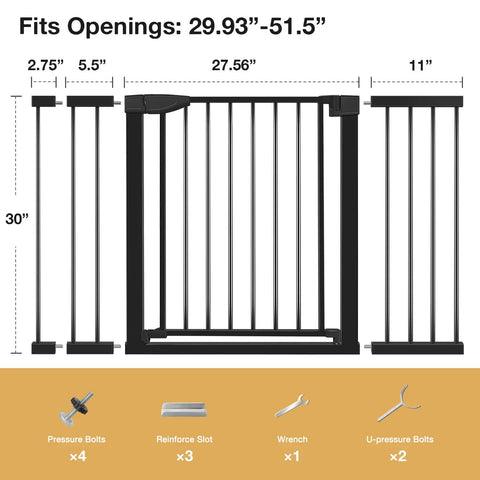 Diagram of Extra Wide Baby Gate For Doorways 29.93 To 51.5 Inches, 30-Inch High With Auto-Close Walk-Thru Door, black, with accessories