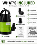 Heavy Duty Submersible Sump Pump with included elbow and straight adapters and user manual for quick water removal.