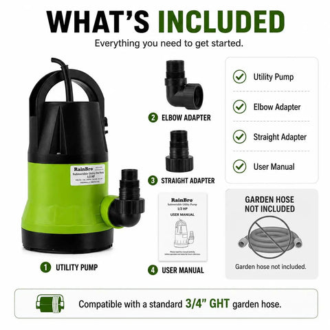 Heavy Duty Submersible Sump Pump with included elbow and straight adapters and user manual for quick water removal.