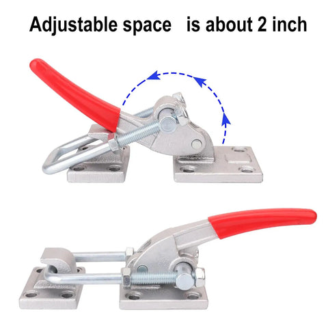 Heavy Duty U Hook Toggle Clamp Set With Threaded U Bolt 7720 Lbs Capacity Beefy Grip Adjustable Latch Clamp 2 Pack 40380 Toggle Clamp Latch Industrial Grade Alloy Steel showing adjustable space of 2 inches with red handle viewed from side.