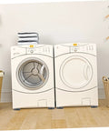 Non Slip Washing Machine Foot Mats and Refrigerator Stabilizers installed under white laundry appliances in home setting.