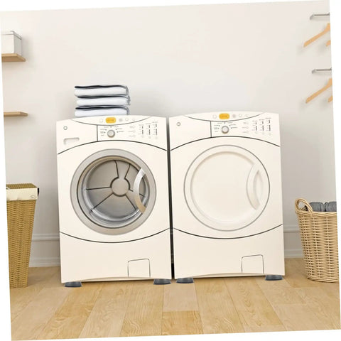 Non Slip Washing Machine Foot Mats and Refrigerator Stabilizers installed under white laundry appliances in home setting.