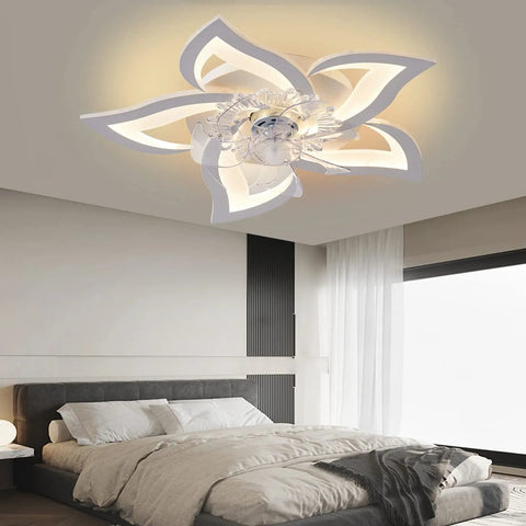 Low Profile Ceiling Fan With Lights, Modern Dimmable Flower Shape, 110V Smart Remote And App Control in bedroom setting