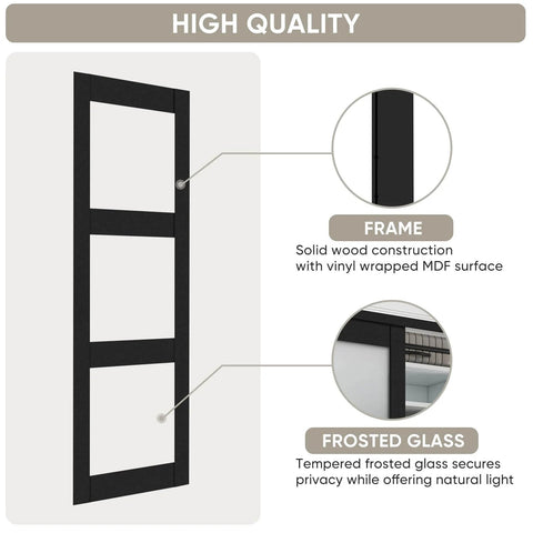 Sliding Closet Door 48 Inch Wide Two Panels Each 24.5 Inch Wide, 3 Lite Frosted Glass Bypass With Hardware Kit info diagram