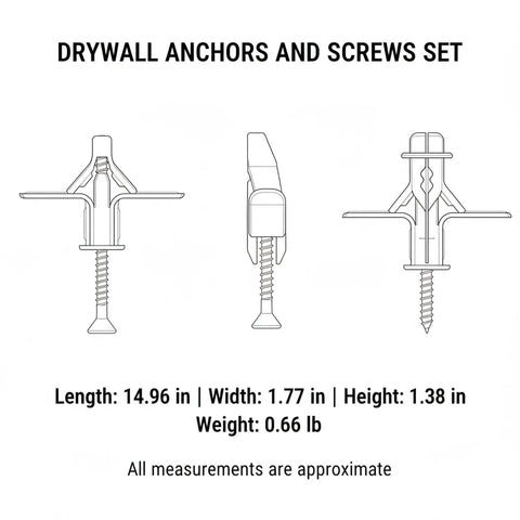 Diagram of 50 Pack M8 Nylon Drywall Anchors With Zinc Plated Screws, displaying dimensions and design details.