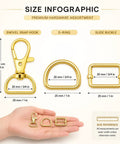 Killer Metal Bag Hardware Kit Featuring Twenty One D Rings Fourteen Swivel Snap Hooks And Twenty One Slide Buckles For Leather Stitching And Purse Making Crafts size infographic showing gold swivel snap hook, D-ring, and slide buckle dimensions.
