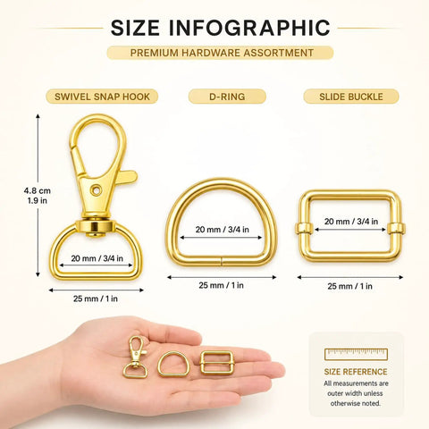 Killer Metal Bag Hardware Kit Featuring Twenty One D Rings Fourteen Swivel Snap Hooks And Twenty One Slide Buckles For Leather Stitching And Purse Making Crafts size infographic showing gold swivel snap hook, D-ring, and slide buckle dimensions.
