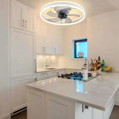 Modern Flush Mount Ceiling Fan With Lights White Remote And App Control 3 Color Dimmable Lighting in kitchen interior