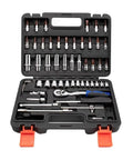 Heavy Duty 53 Piece Ratcheting Socket Wrench Set Featuring Secure Ball Lock Retention And Slick Thumb Switch Control For Easy Direction Changes On The Fly During Tough Jobs in a clean black case.