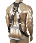 Back view of Beefy Fall Protection Harness Kit With Three D Rings For Lanyard Multi Purpose Full Body Harness Deluxe Carry Bag Included Rugged Construction For Jobsites Ideal For Construction Roofing And Industrial Rigging on mannequin