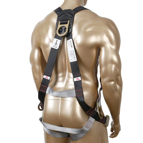 Back view of Beefy Fall Protection Harness Kit With Three D Rings For Lanyard Multi Purpose Full Body Harness Deluxe Carry Bag Included Rugged Construction For Jobsites Ideal For Construction Roofing And Industrial Rigging on mannequin