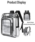 Super Heavy Duty ESD Safe Tactical Tool Backpack With Waterproof PVC Mesh Dividers And Clear Organizer Pouches Spacious Workhorse Rig For Electricians And Cleanroom Techs Built Tough For Daily Grinds shown from the front and side, featuring black straps.