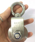 Beefy 304 Stainless Steel V Shaped Pulley held in hand, showcasing size and material details for heavy lifting applications.