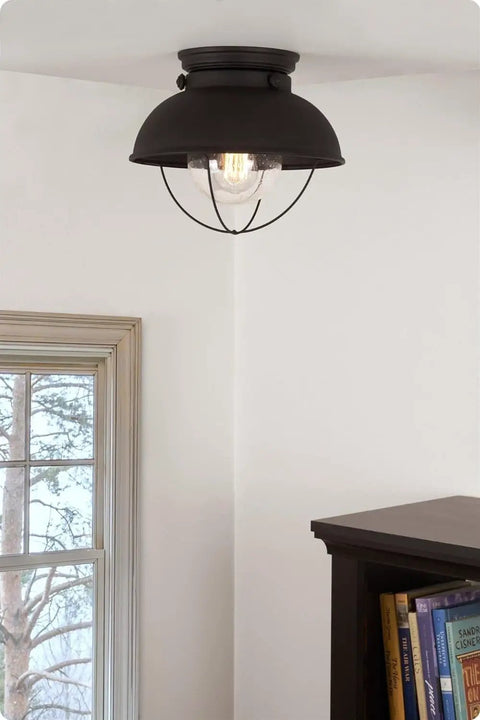 Farmhouse Nautical Flush Mount Ceiling Light With Seeded Glass Shade In Matte Black Finish, Modern Industrial Close-To-Ceiling Fixture With Removable Cage, Ideal For Kitchen, Hallway, Or Foyer