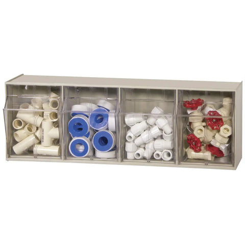 TiltView Plastic Storage Cabinet With Four Tilt Out Bins For Quick Access A Durable Horizontal Parts Organizer In Stone Finish