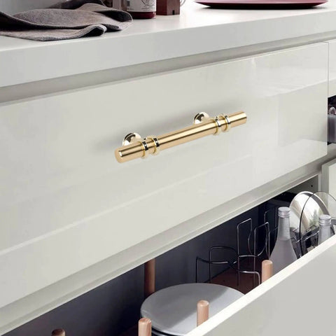 Gold Cabinet Handles 10 Pack Brushed Brass Pulls for kitchen cabinets and dresser drawers champagne gold pull hardware installed on drawer