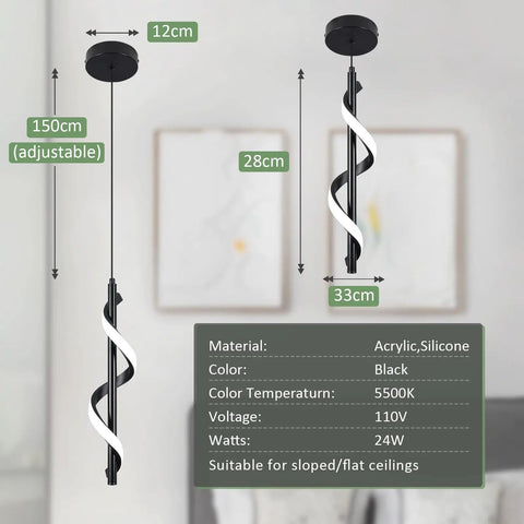 13W Modern Spiral LED Pendant Light Fixture 5500K Cold White Integrated LED Sleek Black Finish, adjustable hanging in room.