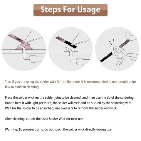 Desoldering Wick Braid No Clean Soldering Wire 0.1 Inch By 10 Feet Copper Desoldering Tool usage steps illustration
