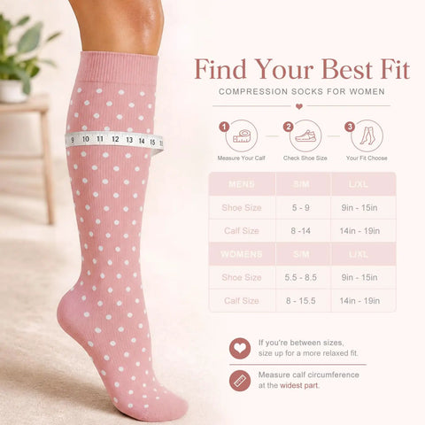 4 Pairs Compression Socks For Women And Men With 15-20 mmHg Graduated Compression; measuring calf for knee-high fit