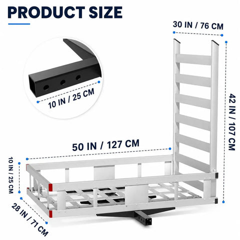 Beast Mode 1300Lbs Hitch Cargo Carrier With Ramp For Trucks And SUVs, showing dimensions 50x30x10 inches, heavy-duty aluminum