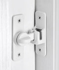 Matte White Aluminum Barn Door Latch Heavy Duty Gate Lock installed on a shed door, showcasing durable alloy construction.