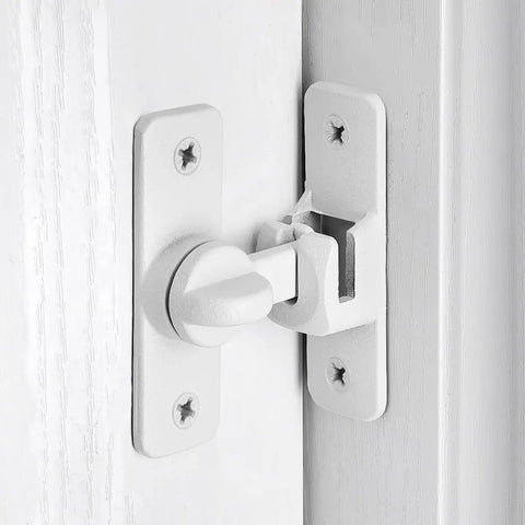 Matte White Aluminum Barn Door Latch Heavy Duty Gate Lock installed on a shed door, showcasing durable alloy construction.