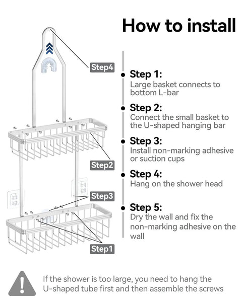 Installation diagram for Rustproof Aluminum Shower Caddy Hanging Organizer With Two Tier Baskets Three Removable Hooks And Soap Dish