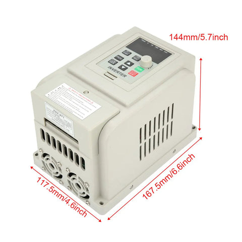 Rugged 2.2kW Variable Frequency Drive VFD for 120V to 220V motors, showing size dimensions and easy terminal wiring layout.