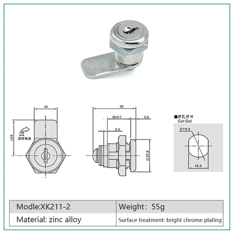 Diagram and dimensions of Dimple Brass Cabinet Lock With Cam For Doors And Cupboards Heavy Duty Security Locking Mechanism