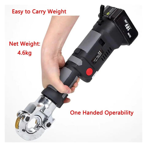 Mini Rechargeable Hydraulic Crimping Tool For Copper And Aluminum Wires Handles 16 To 300mm2 Terminals held in hand, showcasing ergonomic design.