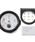 2 Inch Fuel Level Gauge 12V Fuel Tank Meter E-1-2-F Pointer for Car RV Boat Yacht Motorcycle With White Backlight 240-33 Ohm Sensor High Sensitivity Readout Ride Ready Plug-N-Play Gauge, front view with mounting ring and manual