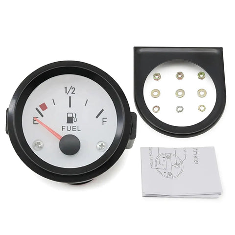 2 Inch Fuel Level Gauge 12V Fuel Tank Meter E-1-2-F Pointer for Car RV Boat Yacht Motorcycle With White Backlight 240-33 Ohm Sensor High Sensitivity Readout Ride Ready Plug-N-Play Gauge, front view with mounting ring and manual