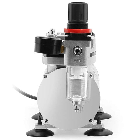 Front view of 1/5 HP Airbrush Compressor With Regulator Gauge And Water Trap Crazy Quiet Portable Grab And Go Air Pump For Airbrushing 1.0 CFM