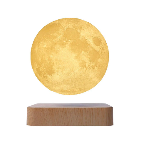 Levitating Moon Lamp With Hovering Glow, Rotates In Air, LED Table Night Light on wooden base in yellow light mode